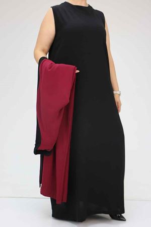 57204 Büyük Beden Patı Garnili Etamin Elbiseli Abaya - Bordo-Siyah