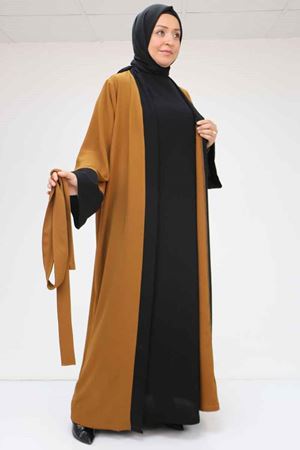 57204 Büyük Beden Patı Garnili Etamin Elbiseli Abaya - Taba-Siyah