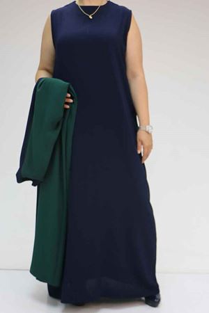 57204 Büyük Beden Patı Garnili Etamin Elbiseli Abaya - Zümrüt-Lacivert
