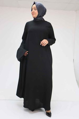 57210 Büyük Beden Renge Renk Garni Detaylı Abaya Takım - Siyah