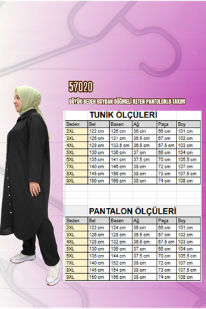 F-57020 Büyük Beden Boydan Düğmeli Keten Pantolonlu Takım - Siyah