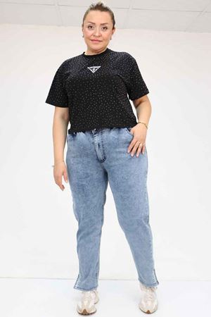 49023 Büyük Beden Arkası Lastikli Kemerli Kot Pantolon - Mavi