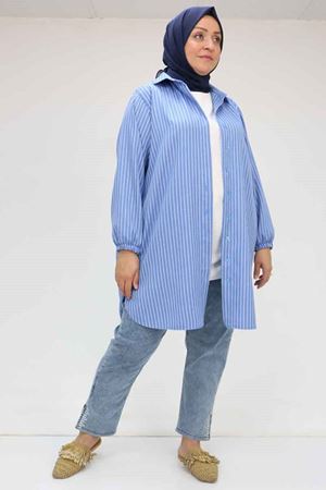 58068 Büyük Beden Erkek Yakalı Gömlek - Çizgili İndigo