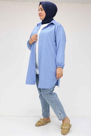 58068 Büyük Beden Erkek Yakalı Gömlek - Çizgili İndigo