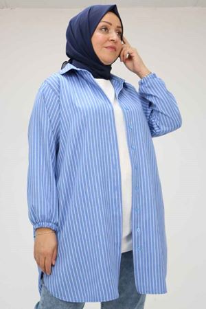 58068 Büyük Beden Erkek Yakalı Gömlek - Çizgili İndigo