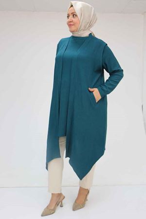 57202 Büyük Beden Yelek-Tunik İkili Bürümcük Takım - Petrol