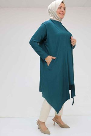 57202 Büyük Beden Yelek-Tunik İkili Bürümcük Takım - Petrol