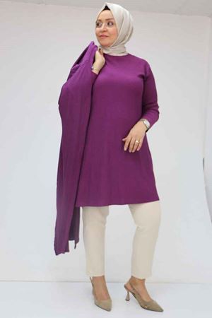 57202 Büyük Beden Yelek-Tunik İkili Bürümcük Takım - Mürdüm