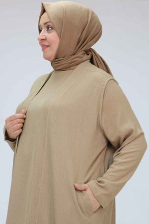 57202 Büyük Beden Yelek-Tunik İkili Bürümcük Takım - Vizon