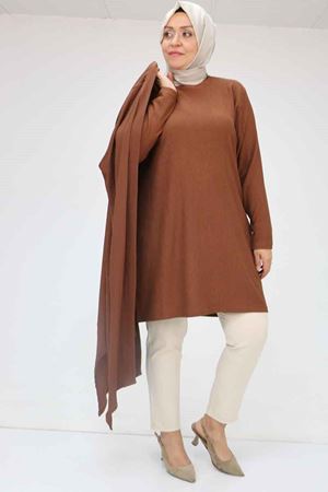 57202 Büyük Beden Yelek-Tunik İkili Bürümcük Takım - Kahve
