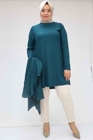 57202 Büyük Beden Yelek-Tunik İkili Bürümcük Takım - Petrol