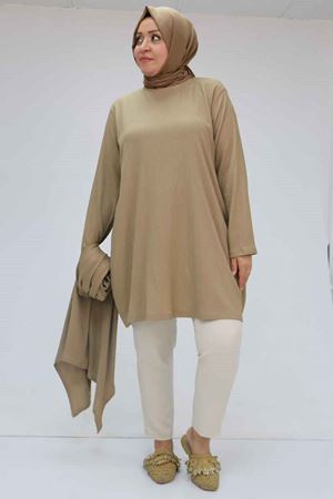 57202 Büyük Beden Yelek-Tunik İkili Bürümcük Takım - Vizon