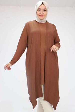 57202 Büyük Beden Yelek-Tunik İkili Bürümcük Takım - Kahve