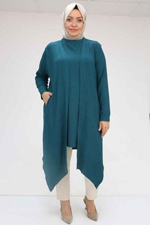 57202 Büyük Beden Yelek-Tunik İkili Bürümcük Takım - Petrol