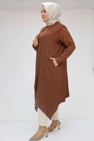 57202 Büyük Beden Yelek-Tunik İkili Bürümcük Takım - Kahve