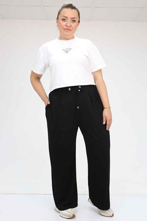 59002 Büyük Beden Pile Detaylı Penye Pantolon - Siyah