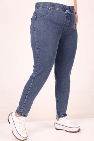 9184-11 Büyük Beden Beli Lastikli Dar Paça Uzun Kot Pantolon - Kar Yıkama Lacivert