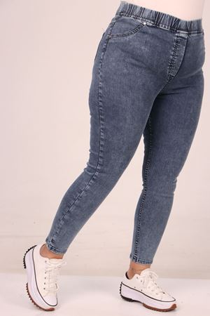 9184-11 Büyük Beden Beli Lastikli Dar Paça Uzun Kot Pantolon - Kar Yıkama Mavi