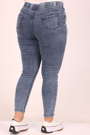 9184-11 Büyük Beden Beli Lastikli Dar Paça Uzun Kot Pantolon - Kar Yıkama Mavi