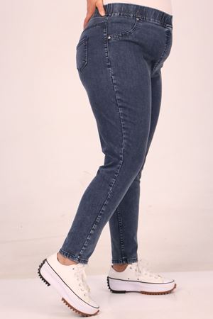 9184-11 Büyük Beden Beli Lastikli Dar Paça Uzun Kot Pantolon - Kar Yıkama Lacivert