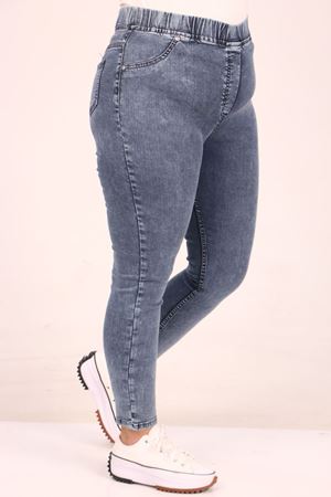 9184-11 Büyük Beden Beli Lastikli Dar Paça Uzun Kot Pantolon - Kar Yıkama Mavi