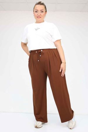59002 Büyük Beden Pile Detaylı Penye Pantolon - Kahve