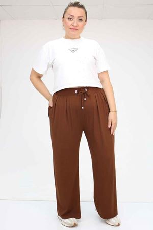 59002 Büyük Beden Pile Detaylı Penye Pantolon - Kahve