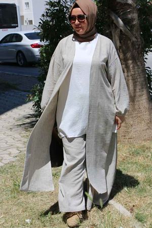 F-57026 Büyük Beden Mostralı Pantolonlu Etamin Takım - Haki