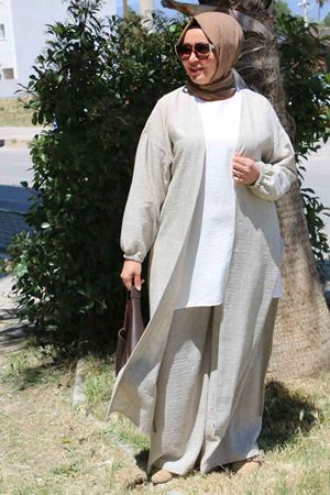 F-57026 Büyük Beden Mostralı Pantolonlu Etamin Takım - Haki