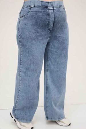 9182-7 Büyük Beden Beli Lastikli Bol Paça Kot Pantolon - Kar Yıkama Mavi