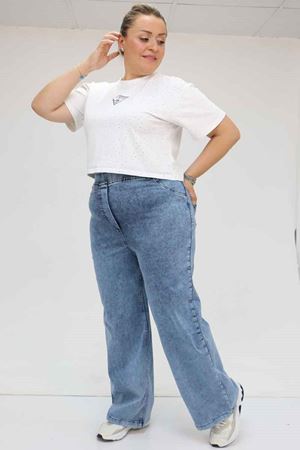 9182-7 Büyük Beden Beli Lastikli Bol Paça Kot Pantolon - Kar Yıkama Mavi