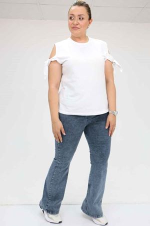 9137-17 Büyük Beden Beli Lastikli İspanyol Paça  Kot Pantolon - Kar Yıkama Lacivert