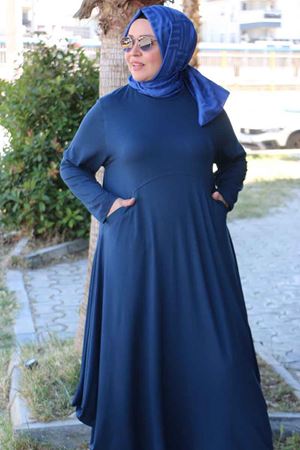 F-52004 Büyük Beden Cepli Çımalı Penye Elbise - Lacivert