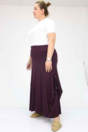 55001 Büyük Beden Yanı Düğmeli Penye Etek - Mürdüm