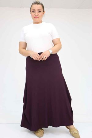 55001 Büyük Beden Yanı Düğmeli Penye Etek - Mürdüm