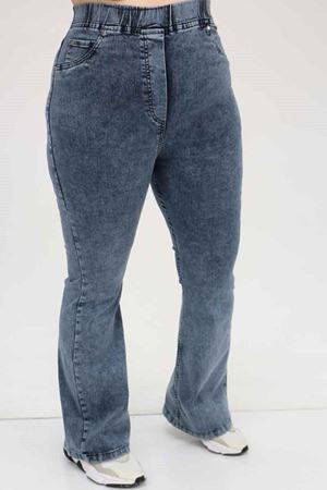 9137-17 Büyük Beden Beli Lastikli İspanyol Paça  Kot Pantolon - Kar Yıkama Mavi