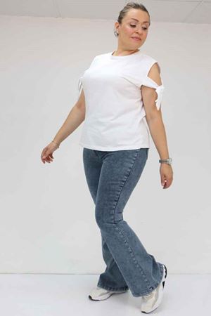 9137-17 Büyük Beden Beli Lastikli İspanyol Paça  Kot Pantolon - Kar Yıkama Mavi