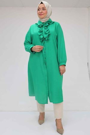 F-58029 Büyük Beden Önü Fırfırlı Düğmeli Keten Gömlek - Beneton