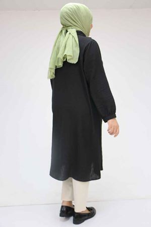 F-58029 Büyük Beden Önü Fırfırlı Düğmeli Keten Gömlek - Siyah