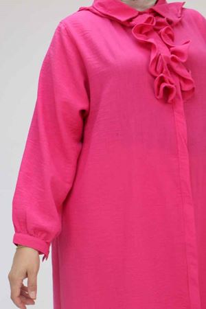 F-58029 Büyük Beden Önü Fırfırlı Düğmeli Keten Gömlek - Fuşya