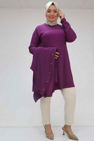 57212 Büyük Beden Yelek-Tunik Taş Detaylı Bürümcük Takım - Mürdüm