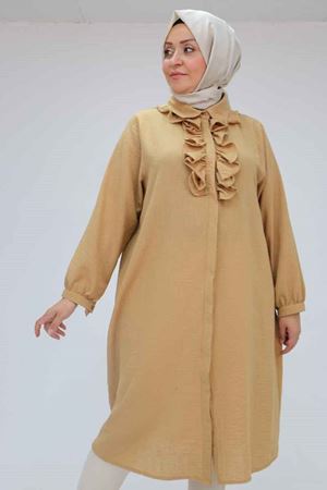 F-58029 Büyük Beden Önü Fırfırlı Düğmeli Keten Gömlek - Taba