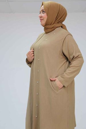 57212 Büyük Beden Yelek-Tunik Taş Detaylı Bürümcük Takım - Vizon