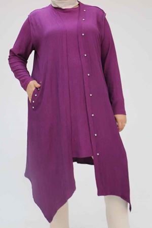 57212 Büyük Beden Yelek-Tunik Taş Detaylı Bürümcük Takım - Mürdüm