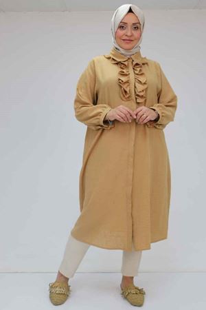 F-58029 Büyük Beden Önü Fırfırlı Düğmeli Keten Gömlek - Taba