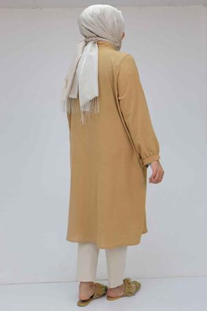 F-58029 Büyük Beden Önü Fırfırlı Düğmeli Keten Gömlek - Taba