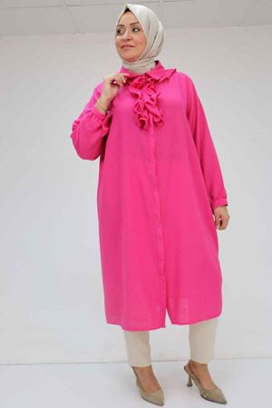F-58029 Büyük Beden Önü Fırfırlı Düğmeli Keten Gömlek - Fuşya