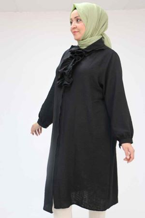 F-58029 Büyük Beden Önü Fırfırlı Düğmeli Keten Gömlek - Siyah