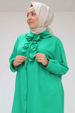 F-58029 Büyük Beden Önü Fırfırlı Düğmeli Keten Gömlek - Beneton