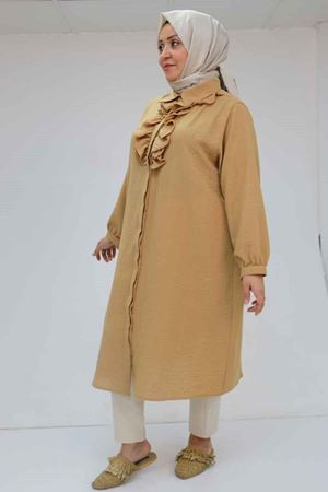 F-58029 Büyük Beden Önü Fırfırlı Düğmeli Keten Gömlek - Taba